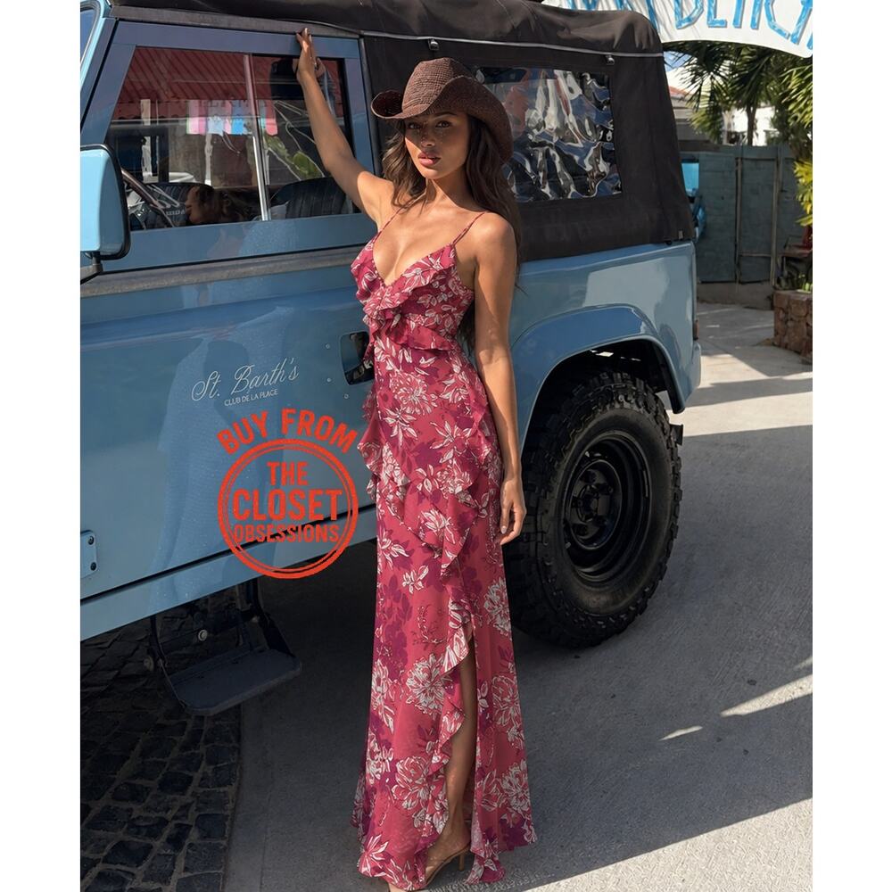 Zara NWT Pink Floral Strappy V Neck Side Slit Midi Slip Dress L XL - Picture 3 of 16